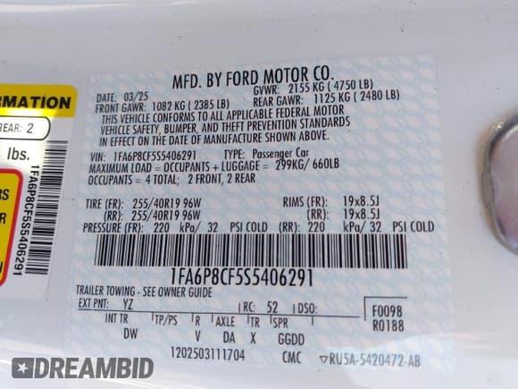 ✅ 2025 Ford Mustang GT • VIN: 1FA6P8CF5S5406291 • Lot: 43432863. Listed on IAAI with Not provided. Free auction sales archive from the USA and detailed vehicle history report at DreamBid. Image 9.