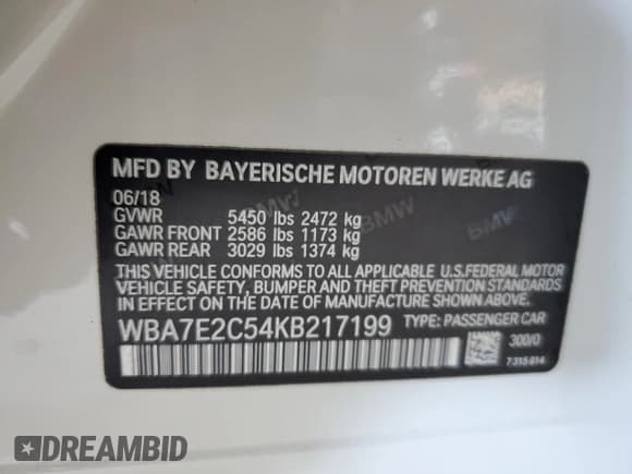 ✅ 2019 BMW 7 Series 740i • VIN: WBA7E2C54KB217199 • Лот: 57178915. Опубликован ранее на Copart с пробегом 75 781 миль. Бесплатный доступ к архиву аукционных продаж из США и подробный отчёт об истории автомобиля на DreamBid. Изображение 13.