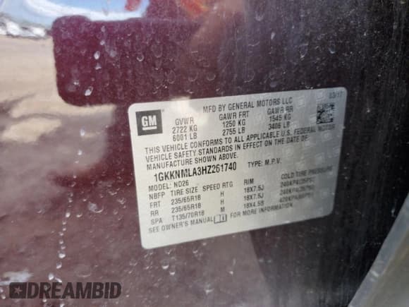 ✅ 2017 GMC Acadia SLT • VIN: 1GKKNMLA3HZ261740 • Lot: 60818475. Listed on Copart with 143,402 mi. Free auction sales archive from the USA and detailed vehicle history report at DreamBid. Image 13.