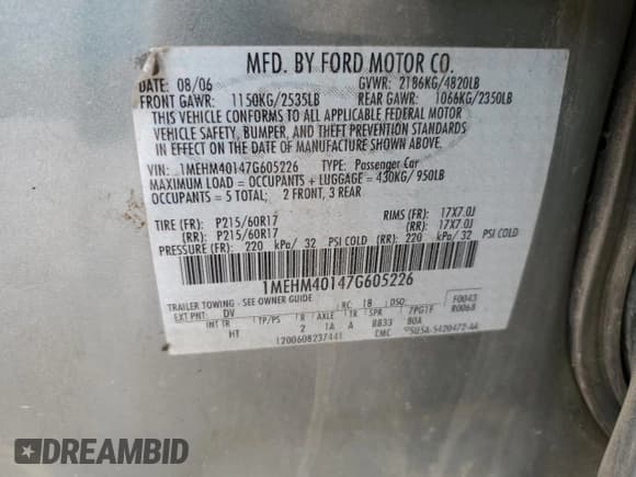 ✅ 2007 Mercury Montego • VIN: 1MEHM40147G605226 • Lot: 65545755. Wystawiony na Copart z przebiegiem 190 195 mil. Bezpłatny archiwum sprzedaży aukcyjnych z USA i szczegółowy raport historii pojazdu na DreamBid. Zdjęcie 12.