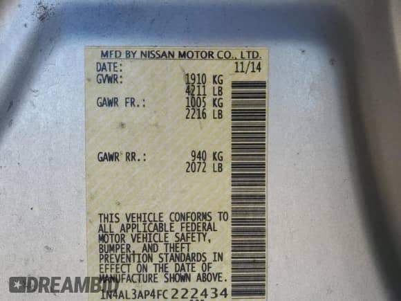 2015 Nissan Altima SV with VIN 1N4AL3AP4FC222434, listed as a Copart auction lot 89572015 with 122,236 mi miles and Salvage title. Bid and sale history available at DreamBid. Image 12.