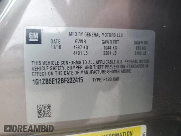 ✅ 2011 Chevrolet Malibu 1LS • VIN: 1G1ZB5E12BF232415 • Lot: 65534654. Listed on Copart with 110,594 mi. Free auction sales archive from the USA and detailed vehicle history report at DreamBid. Image 12.