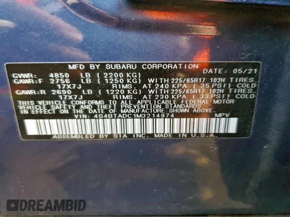 ✅ 2021 Subaru Outback Premium • VIN: 4S4BTADC1M3214974 • Lot: 94908345. Wystawiony na Copart z przebiegiem 42 072 mil. Bezpłatny archiwum sprzedaży aukcyjnych z USA i szczegółowy raport historii pojazdu na DreamBid. Zdjęcie 14.