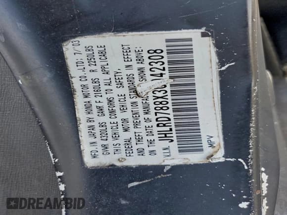 ✅ 2003 Honda CR-V EX • VIN: JHLRD788X3C042308 • Lot: 93863985. Listed on Copart with 257,495 mi. Free auction sales archive from the USA and detailed vehicle history report at DreamBid. Image 13.