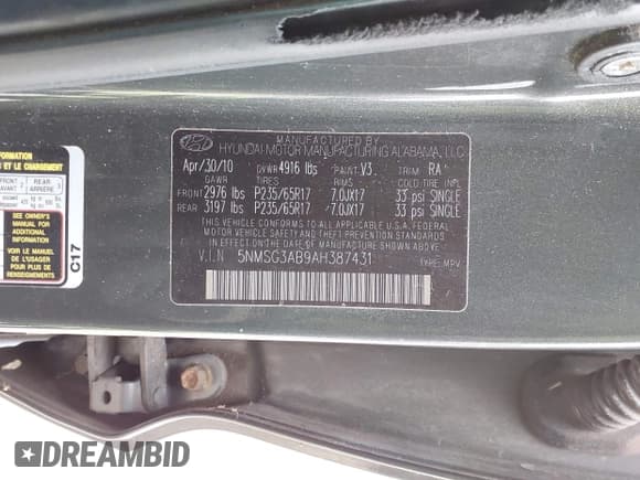 ✅ 2010 Hyundai Santa Fe GLS • VIN: 5NMSG3AB9AH387431 • Лот: 43912885. Опубликован ранее на IAAI с пробегом 169 689 миль. Бесплатный доступ к архиву аукционных продаж из США и подробный отчёт об истории автомобиля на DreamBid. Изображение 9.