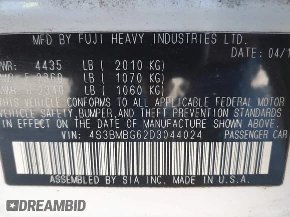 ✅ 2013 Subaru Legacy Special Sports • VIN: 4S3BMBG62D3044024 • Лот: 43739881. Опубликован ранее на IAAI с пробегом 168 850 миль. Бесплатный доступ к архиву аукционных продаж из США и подробный отчёт об истории автомобиля на DreamBid. Изображение 9.