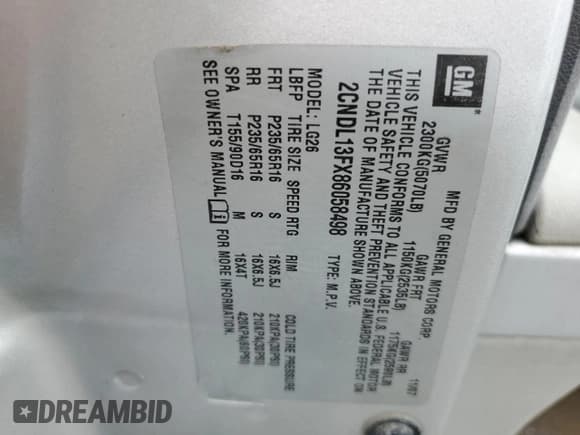 ✅ 2008 Chevrolet Equinox LS • VIN: 2CNDL13FX86058498 • Лот: 86138944. Опубликован ранее на Copart с пробегом 168 294 миль. Бесплатный доступ к архиву аукционных продаж из США и подробный отчёт об истории автомобиля на DreamBid. Изображение 12.