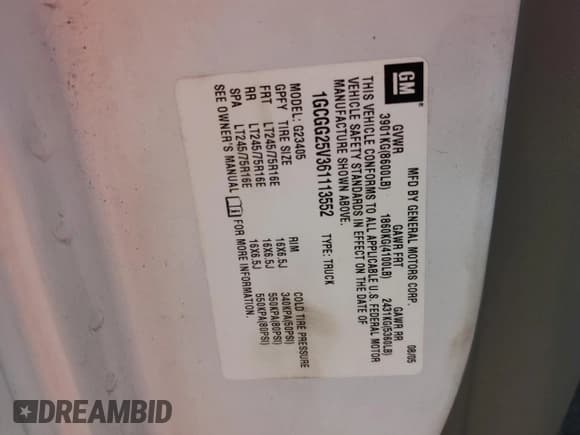 ✅ 2006 Chevrolet Express Cargo • VIN: 1GCGG25V361113552 • Lot: 69284255. Listed on Copart with 150,988 mi. Free auction sales archive from the USA and detailed vehicle history report at DreamBid. Image 13.