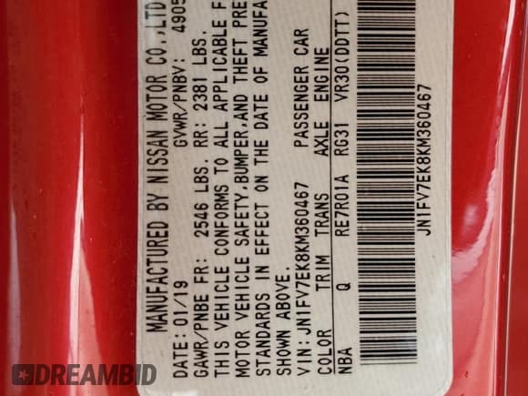 ✅ 2019 Infiniti Q60 Red Sport 400 • VIN: JN1FV7EK8KM360467 • Lot: 54070635. Listed on Copart with 49,227 mi. Free auction sales archive from the USA and detailed vehicle history report at DreamBid. Image 13.