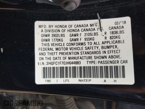 ✅ 2018 Honda Civic EX-L • VIN: 2HGFC1F70JH644883 • Lot: 42891451. Listed on IAAI with 173,104 mi. Free auction sales archive from the USA and detailed vehicle history report at DreamBid. Image 9.