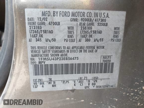 ✅ 2003 Ford Excursion Limited • VIN: 1FMSU43P23EB56475 • Lot: 42376969. Wystawiony na IAAI z przebiegiem 213 603 mil. Bezpłatny archiwum sprzedaży aukcyjnych z USA i szczegółowy raport historii pojazdu na DreamBid. Zdjęcie 9.
