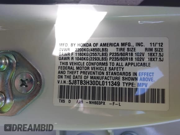 ✅ 2013 Acura RDX • VIN: 5J8TB3H30DL011349 • Лот: 43172074. Опубликован ранее на IAAI с пробегом 64 121 миль. Бесплатный доступ к архиву аукционных продаж из США и подробный отчёт об истории автомобиля на DreamBid. Изображение 9.