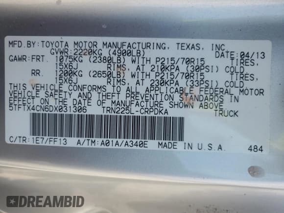 ✅ 2013 Toyota Tacoma • VIN: 5TFTX4CN6DX031306 • Lot: 81683285. Listed on Copart with 127,675 mi. Free auction sales archive from the USA and detailed vehicle history report at DreamBid. Image 12.