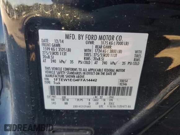 ✅ 2015 Ford F-150 XLT • VIN: 1FTEW1EG4FFA14442 • Lot: 87032055. Listed on Copart with 123,522 mi. Free auction sales archive from the USA and detailed vehicle history report at DreamBid. Image 12.