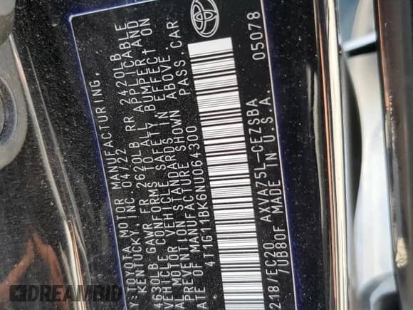 2022 Toyota Camry SE с VIN 4T1G11BK6NU064300, выставлен на аукционе Copart как лот 66822055 с пробегом 68 276 миль миль и Списание • Salvage title. История ставок и продаж доступна на DreamBid. Изображение 12.