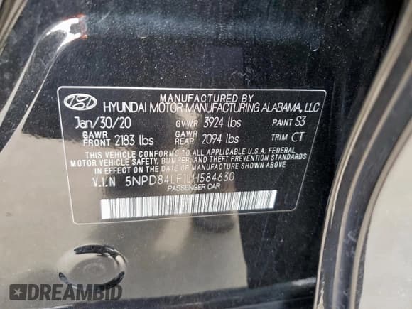 ✅ 2020 Hyundai Elantra SEL • VIN: 5NPD84LF1LH584630 • Lot: 62100845. Listed on Copart with 83,030 mi. Free auction sales archive from the USA and detailed vehicle history report at DreamBid. Image 13.