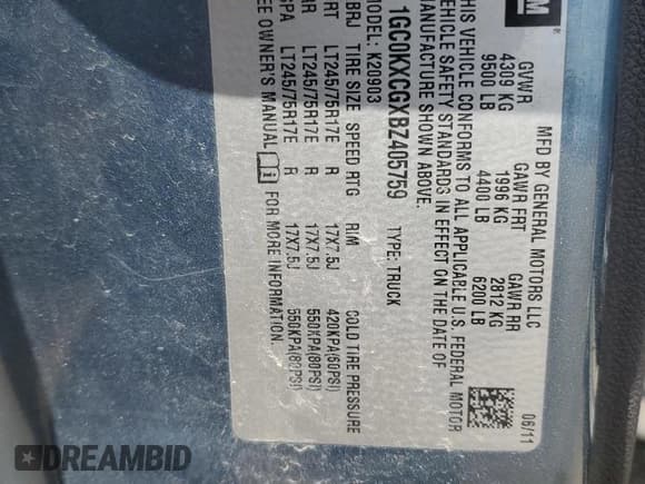 ✅ 2011 Chevrolet Silverado 2500HD LT • VIN: 1GC0KXCGXBZ405759 • Lot: 63038085. Listed on Copart with 83,525 mi. Free auction sales archive from the USA and detailed vehicle history report at DreamBid. Image 12.