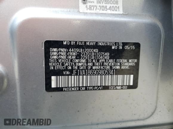 ✅ 2016 Subaru WRX • VIN: JF1VA1B69G9805341 • Lot: 82704445. Listed on Copart with 109,489 mi. Free auction sales archive from the USA and detailed vehicle history report at DreamBid. Image 13.