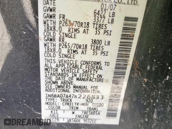 ✅ 2007 Nissan Titan SE • VIN: 1N6BA07A47N226833 • Lot: 57360125. Listed on Copart with 163,970 mi. Free auction sales archive from the USA and detailed vehicle history report at DreamBid. Image 12.