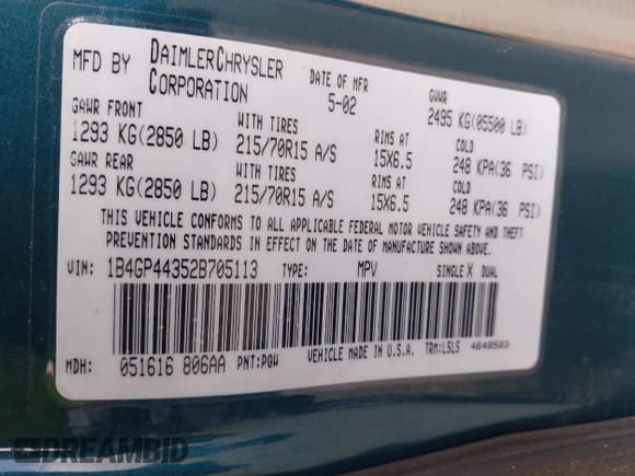 ✅ 2002 Dodge Caravan Sport • VIN: 1B4GP44352B705113 • Lot: 43777606. Listed on IAAI with 197,020 mi. Free auction sales archive from the USA and detailed vehicle history report at DreamBid. Image 9.