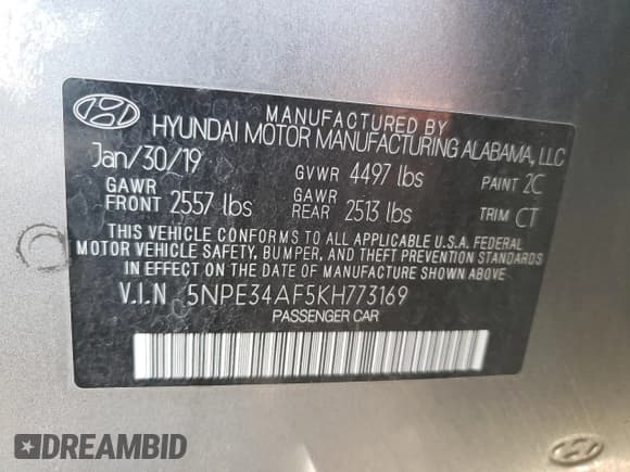 ✅ 2019 Hyundai Sonata SEL • VIN: 5NPE34AF5KH773169 • Lot: 54525413. Listed on Copart with Not provided. Free auction sales archive from the USA and detailed vehicle history report at DreamBid. Image 14.