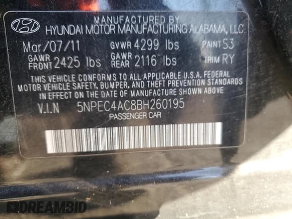 ✅ 2011 Hyundai Sonata Limited • VIN: 5NPEC4AC8BH260195 • Lot: 85834675. Listed on Copart with 61,330 mi. Free auction sales archive from the USA and detailed vehicle history report at DreamBid. Image 12.