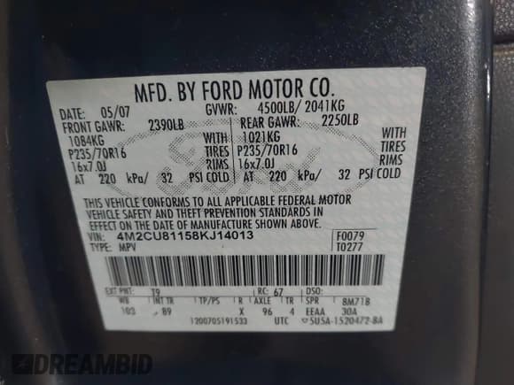 ✅ 2008 Mercury Mariner • VIN: 4M2CU81158KJ14013 • Лот: 41305863. Опубликован ранее на IAAI с пробегом 229 672 миль. Бесплатный доступ к архиву аукционных продаж из США и подробный отчёт об истории автомобиля на DreamBid. Изображение 9.