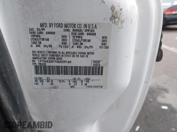 ✅ 1999 Ford F-250 XL • VIN: 1FTNX20F7XEE09160 • Lot: 41730434. Listed on IAAI with 261,564 mi. Free auction sales archive from the USA and detailed vehicle history report at DreamBid. Image 9.