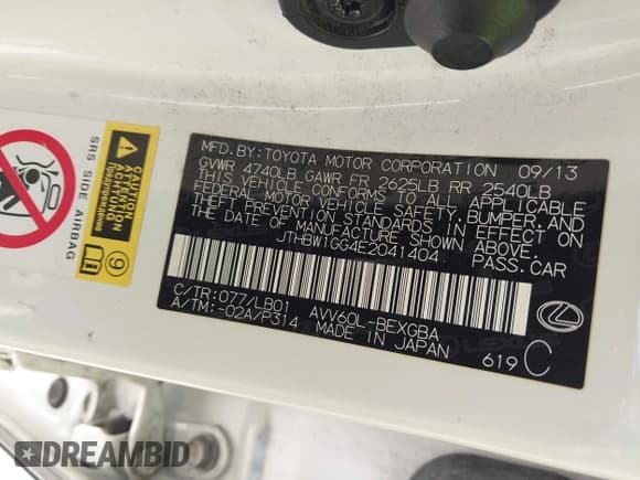 ✅ 2014 Lexus ES 300h • VIN: JTHBW1GG4E2041404 • Lot: 43501965. Listed on IAAI with 185,402 mi. Free auction sales archive from the USA and detailed vehicle history report at DreamBid. Image 9.