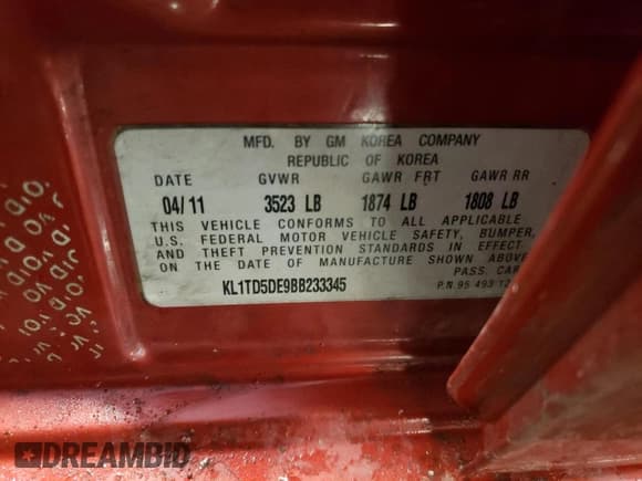 ✅ 2011 Chevrolet Aveo 1LT • VIN: KL1TD5DE9BB233345 • Lot: 43590365. Wystawiony na Copart z przebiegiem 119 716 mil. Bezpłatny archiwum sprzedaży aukcyjnych z USA i szczegółowy raport historii pojazdu na DreamBid. Zdjęcie 12.