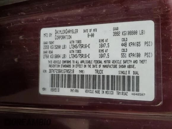 ✅ 2001 Dodge 2500 • VIN: 3B7KF23601G705218 • Lot: 90065155. Wystawiony na Copart z przebiegiem 194 948 mil. Bezpłatny archiwum sprzedaży aukcyjnych z USA i szczegółowy raport historii pojazdu na DreamBid. Zdjęcie 13.