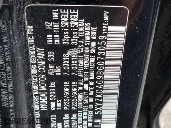 2011 Hyundai Santa Fe Limited with VIN 5XYZKDAG9BG073059, listed as a Copart auction lot 69196824 with 130,469 mi miles and Salvage title. Bid and sale history available at DreamBid. Image 13.