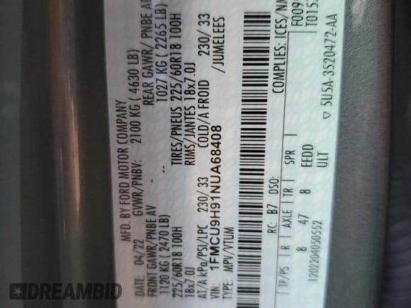 ✅ 2022 Ford Escape SEL • VIN: 1FMCU9H91NUA68408 • Lot: 71884005. Listed on Copart with 18,135 mi. Free auction sales archive from the USA and detailed vehicle history report at DreamBid. Image 13.