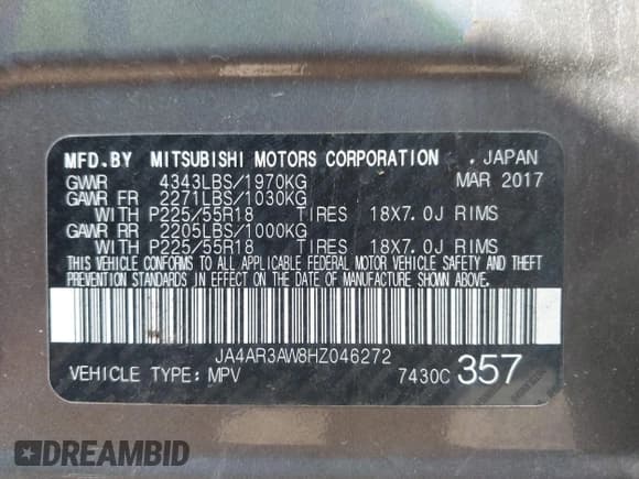 ✅ 2017 Mitsubishi Outlander SE • VIN: JA4AR3AW8HZ046272 • Lot: 43421805. Listed on IAAI with 173,043 mi. Free auction sales archive from the USA and detailed vehicle history report at DreamBid. Image 9.