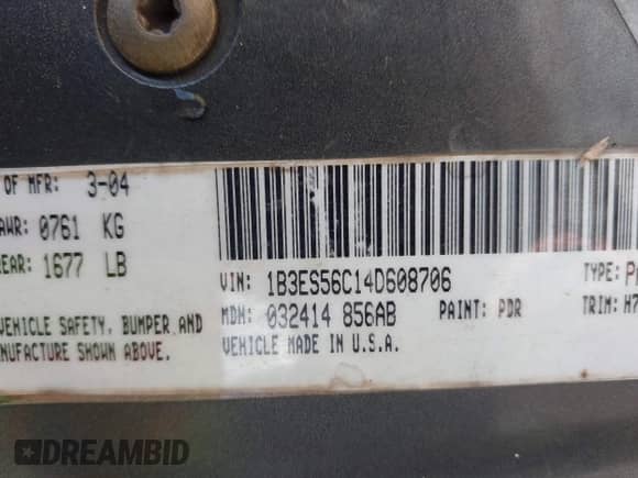 2004 Dodge Neon SXT z VIN 1B3ES56C14D608706, wystawiony jako IAAI lot #42295785 z przebiegiem 173 035 mil mil oraz . Historia ofert i sprzedaży dostępna na DreamBid. Obrazek 9.