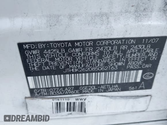 ✅ 2008 Lexus IS 250 • VIN: JTHBK262085062163 • Lot: 43778983. Listed on IAAI with 356,916 mi. Free auction sales archive from the USA and detailed vehicle history report at DreamBid. Image 9.