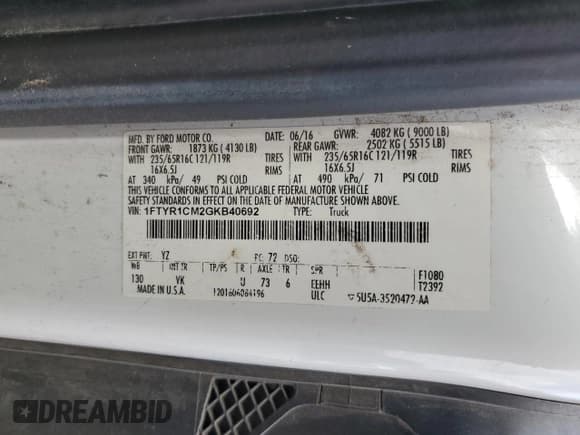 ✅ 2016 Ford Transit Cargo • VIN: 1FTYR1CM2GKB40692 • Lot: 69487295. Listed on Copart with 184,696 mi. Free auction sales archive from the USA and detailed vehicle history report at DreamBid. Image 13.