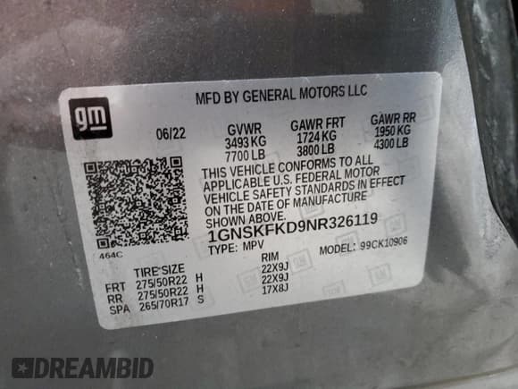 ✅ 2022 Chevrolet Suburban Premier • VIN: 1GNSKFKD9NR326119 • Lot: 82171323. Wystawiony na Copart z przebiegiem 23 203 mil. Bezpłatny archiwum sprzedaży aukcyjnych z USA i szczegółowy raport historii pojazdu na DreamBid. Zdjęcie 13.