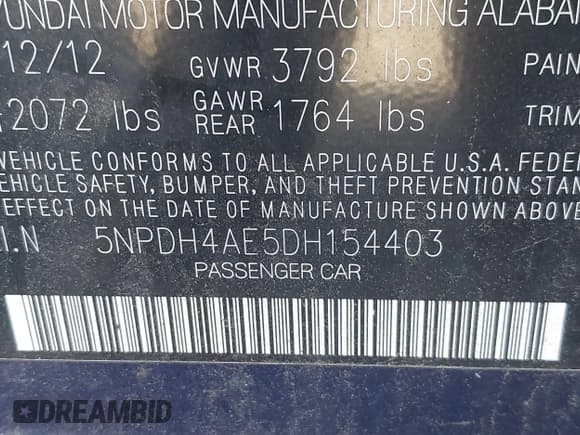 ✅ 2013 Hyundai Elantra GLS • VIN: 5NPDH4AE5DH154403 • Lot: 43499515. Listed on IAAI with 94,725 mi. Free auction sales archive from the USA and detailed vehicle history report at DreamBid. Image 9.