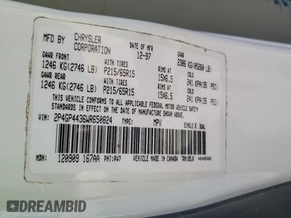 ✅ 1998 Plymouth Voyager SE • VIN: 2P4GP4436WR650824 • Lot: 41778755. Wystawiony na Copart z przebiegiem 127 889 mil. Bezpłatny archiwum sprzedaży aukcyjnych z USA i szczegółowy raport historii pojazdu na DreamBid. Zdjęcie 13.