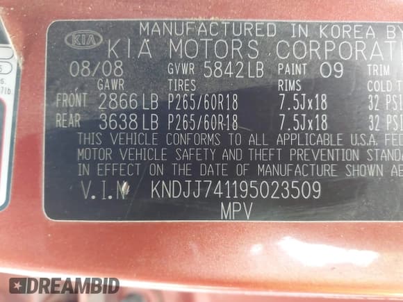 ✅ 2009 Kia Borrego EX • VIN: KNDJJ741195023509 • Лот: 42561783. Опубликован ранее на IAAI с пробегом 153 574 миль. Бесплатный доступ к архиву аукционных продаж из США и подробный отчёт об истории автомобиля на DreamBid. Изображение 9.