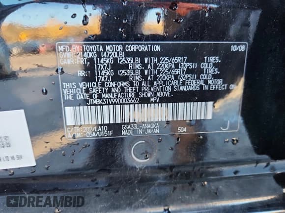 ✅ 2009 Toyota RAV4 Limited • VIN: JTMBK31V99D003662 • Lot: 89895595. Listed on Copart with 90,643 mi. Free auction sales archive from the USA and detailed vehicle history report at DreamBid. Image 13.