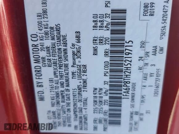 ✅ 2017 Ford Mustang EcoBoost • VIN: 1FA6P8TH2H5219715 • Lot: 87056045. Wystawiony na Copart z przebiegiem 84 761 mil. Bezpłatny archiwum sprzedaży aukcyjnych z USA i szczegółowy raport historii pojazdu na DreamBid. Zdjęcie 12.