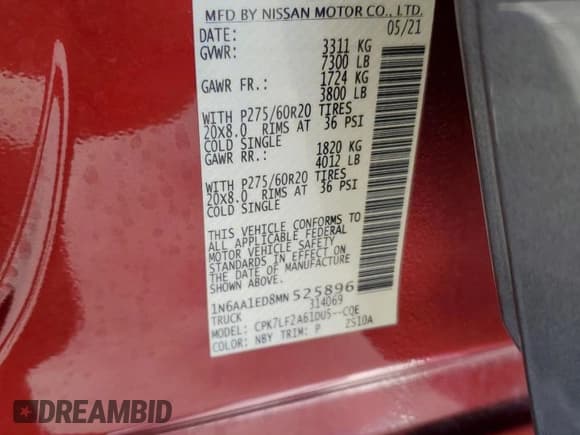 ✅ 2021 Nissan Titan Pro-4X • VIN: 1N6AA1ED8MN525896 • Lot: 58040055. Listed on Copart with 39,043 mi. Free auction sales archive from the USA and detailed vehicle history report at DreamBid. Image 14.