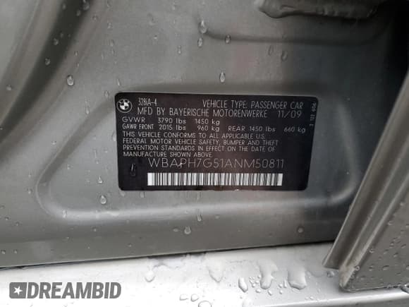 ✅ 2010 BMW 3 Series 328i • VIN: WBAPH7G51ANM50811 • Lot: 85554935. Listed on Copart with Not provided. Free auction sales archive from the USA and detailed vehicle history report at DreamBid. Image 12.