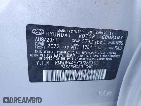 2012 Hyundai Elantra GLS with VIN KMHDH4AEXCU283351, listed as a Copart auction lot 83821414 with 182,868 mi miles and Salvage title. Bid and sale history available at DreamBid. Image 12.