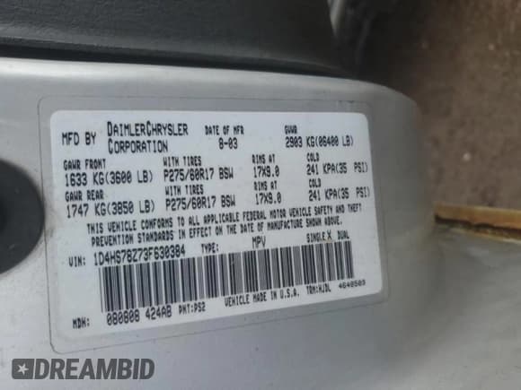 ✅ 2003 Dodge Durango R/T • VIN: 1D4HS78Z73F630384 • Lot: 51272765. Wystawiony na Copart z przebiegiem 190 626 mil. Bezpłatny archiwum sprzedaży aukcyjnych z USA i szczegółowy raport historii pojazdu na DreamBid. Zdjęcie 13.