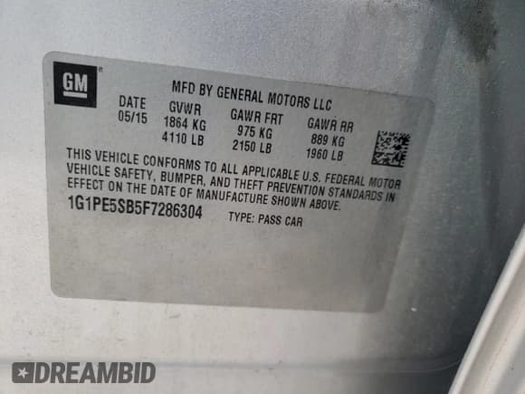 ✅ 2015 Chevrolet Cruze LT • VIN: 1G1PE5SB5F7286304 • Lot: 68357742. Listed on Copart with 130,129 mi. Free auction sales archive from the USA and detailed vehicle history report at DreamBid. Image 12.