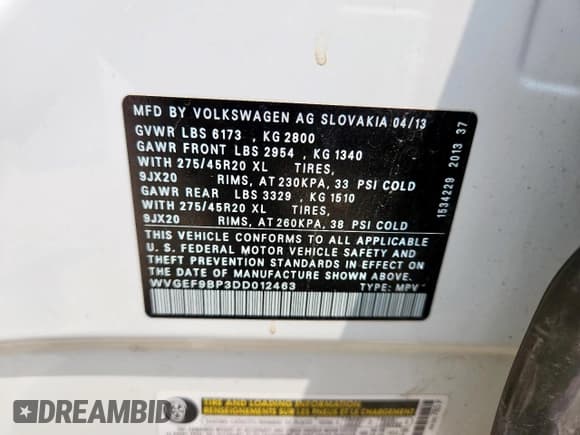 ✅ 2013 Volkswagen Touareg Exec • VIN: WVGEF9BP3DD012463 • Lot: 57499915. Listed on Copart with 104,981 mi. Free auction sales archive from the USA and detailed vehicle history report at DreamBid. Image 13.