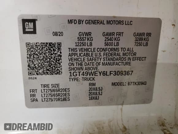 ✅ 2020 GMC Sierra 3500HD Denali • VIN: 1GT49WEY6LF309367 • Lot: 89879975. Wystawiony na Copart z przebiegiem 90 552 mil. Bezpłatny archiwum sprzedaży aukcyjnych z USA i szczegółowy raport historii pojazdu na DreamBid. Zdjęcie 12.